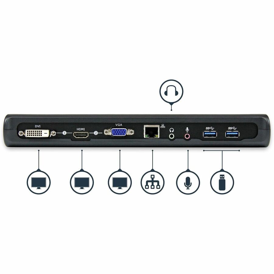 StarTech.com USB 3.0 Docking Station - Compatible with Windows / macOS - Supports Dual Displays - HDMI and DVI - DVI to VGA Adapter Included - USB3SDOCKHD USB3SDOCKHDV