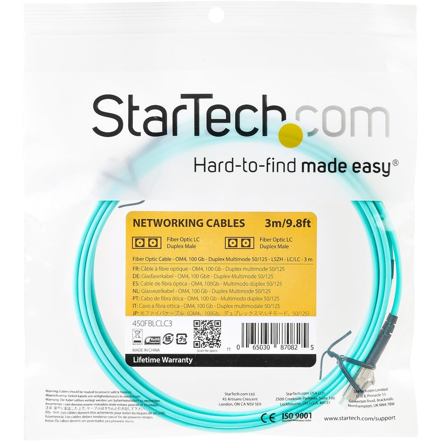 StarTech.com 3m (10ft) LC/UPC to LC/UPC OM4 Multimode Fiber Optic Cable, 50/125µm LOMMF/VCSEL Zipcord Fiber, 100G, LSZH Fiber Patch Cord 450FBLCLC3
