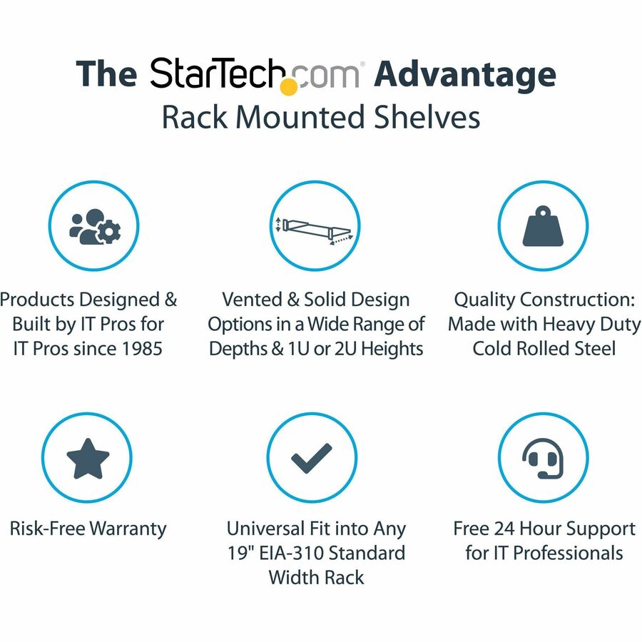 StarTech.com 1U Vented Server Rack Cabinet Shelf - Fixed 10in Deep Cantilever Rackmount Tray for 19" Data/AV/Network Enclosure w/Cage Nuts CABSHELFV1U