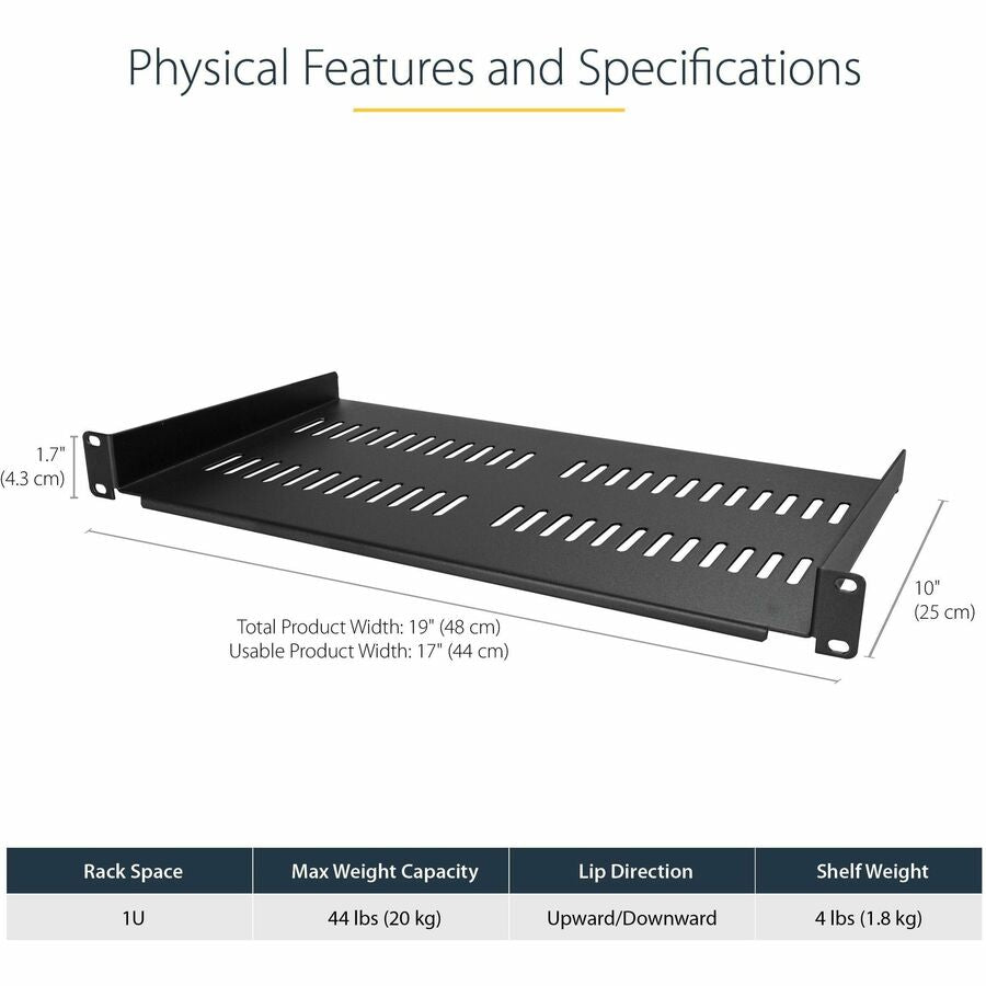 StarTech.com 1U Vented Server Rack Cabinet Shelf - Fixed 10in Deep Cantilever Rackmount Tray for 19" Data/AV/Network Enclosure w/Cage Nuts CABSHELFV1U