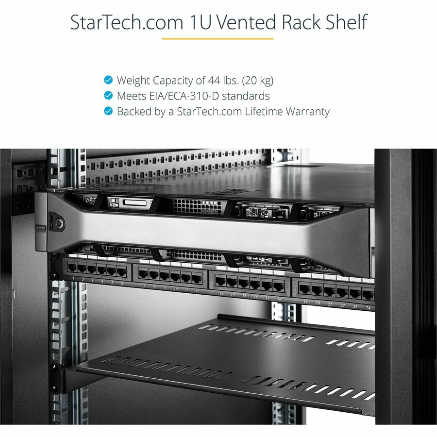 StarTech.com 1U Vented Server Rack Cabinet Shelf - Fixed 10in Deep Cantilever Rackmount Tray for 19" Data/AV/Network Enclosure w/Cage Nuts CABSHELFV1U