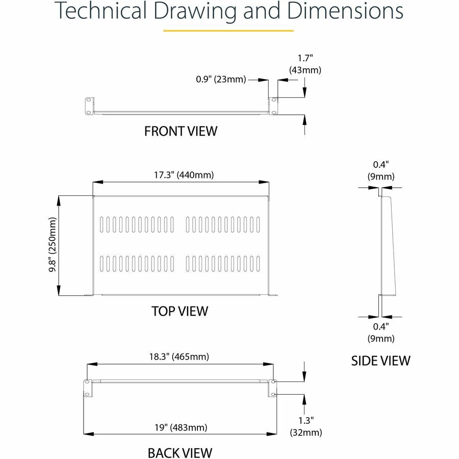 StarTech.com 1U Vented Server Rack Cabinet Shelf - Fixed 10in Deep Cantilever Rackmount Tray for 19" Data/AV/Network Enclosure w/Cage Nuts CABSHELFV1U