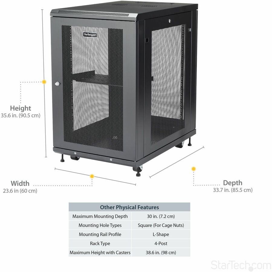 StarTech.com 18U 19" Server Rack Cabinet 4 Post Adjustable Depth 2-30" w/Casters/Cable Management/1U Shelf, Locking Doors and Side Panels RK1833BKM