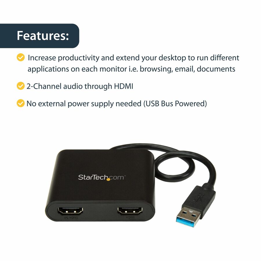 StarTech.com USB 3.0 to Dual HDMI Adapter, 1x 4K & 1x 1080p, External Graphics Card, USB Type-A Dual Monitor Display Adapter, Windows Only USB32HD2