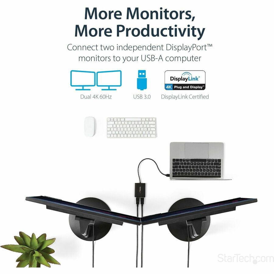 StarTech.com USB to Dual DisplayPort Adapter - 4K 60Hz - USB 3.0 5Gbps - USB Dual Monitor Adapter - Dual DisplayPort Adapter - DisplayLink Certified USB32DP24K60