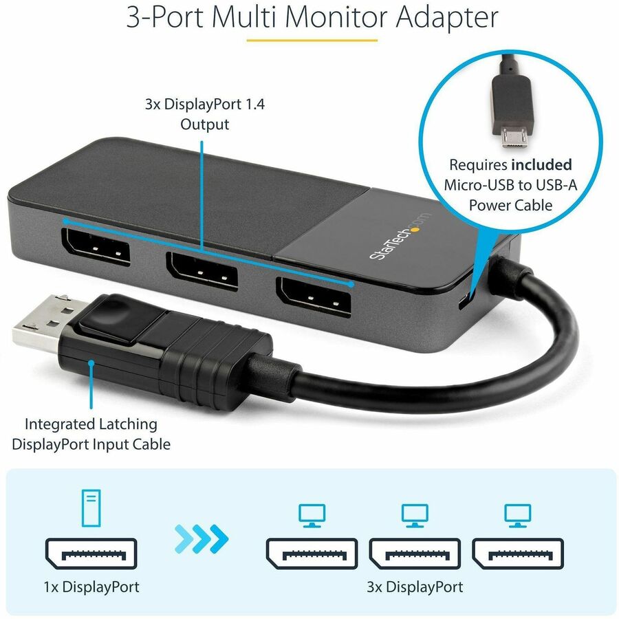 StarTech.com 3-Port DisplayPort 1.4 Splitter, DisplayPort to 3x DP Multi-Monitor Adapter, Triple 4K Computer MST Hub, Windows Only MST14DP123DP