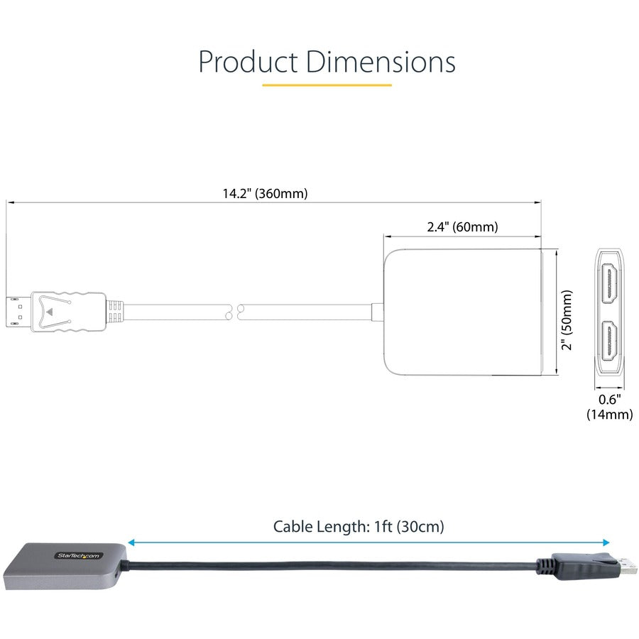 StarTech.com DP to Dual HDMI MST HUB, Dual HDMI 4K 60Hz, 2 Port DisplayPort Multi Monitor Adapter with 1ft/30cm Cable, DP 1.4 | DSC | HBR3 MST14DP122HD