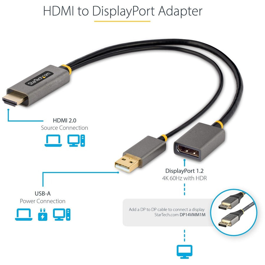 StarTech.com 1ft (30cm) HDMI to DisplayPort Adapter, 4K 60Hz HDR HDMI Source to DP Monitor, USB Bus Powered, HDMI 2.0 to DisplayPort 1.2 128-HDMI-DISPLAYPORT