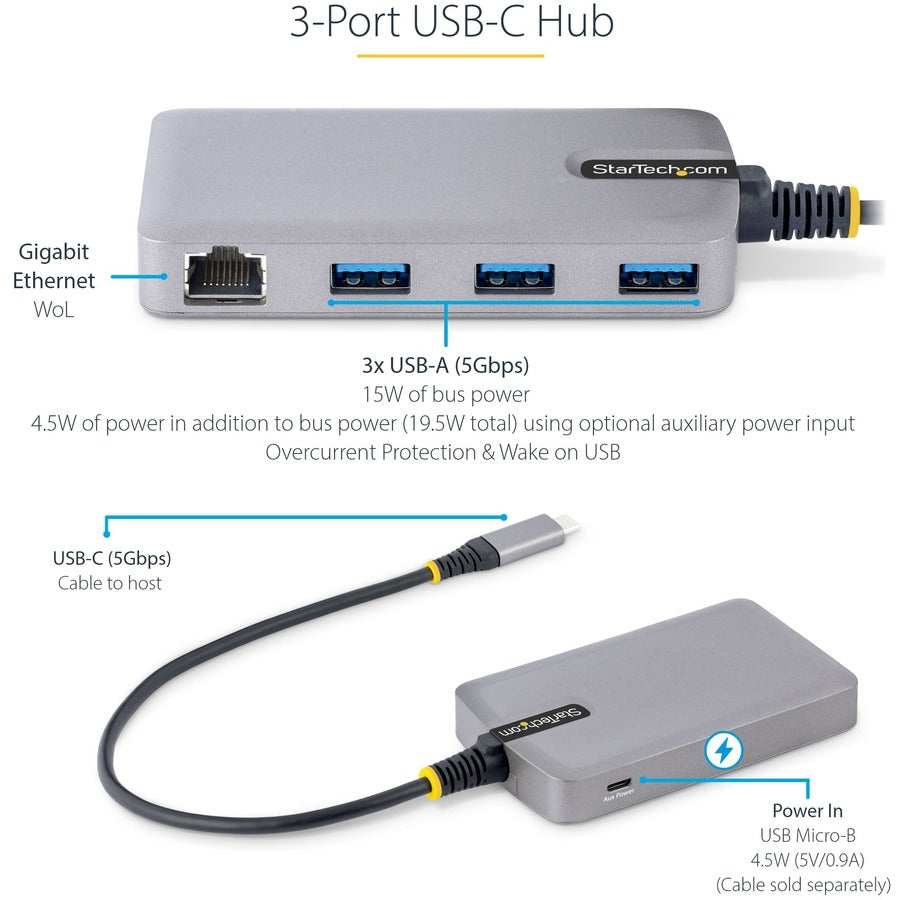 StarTech.com 3-Port USB-C Hub with Ethernet, 3x USB-A Ports, GbE, 5Gbps, Bus-Powered, 1ft/30cm Cable, Portable USB Type-C Expansion Hub 5G3AGBB-USB-C-HUB