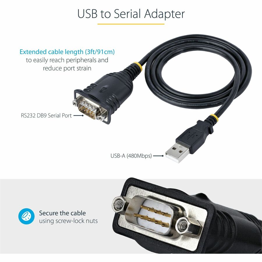 StarTech.com 3ft (1m) USB to Serial Cable, DB9 Male RS232 to USB Converter, USB to Serial Adapter, COM Port Adapter with Prolific IC 1P3FP-USB-SERIAL