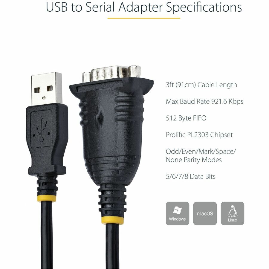 StarTech.com 3ft (1m) USB to Serial Cable, DB9 Male RS232 to USB Converter, USB to Serial Adapter, COM Port Adapter with Prolific IC 1P3FP-USB-SERIAL