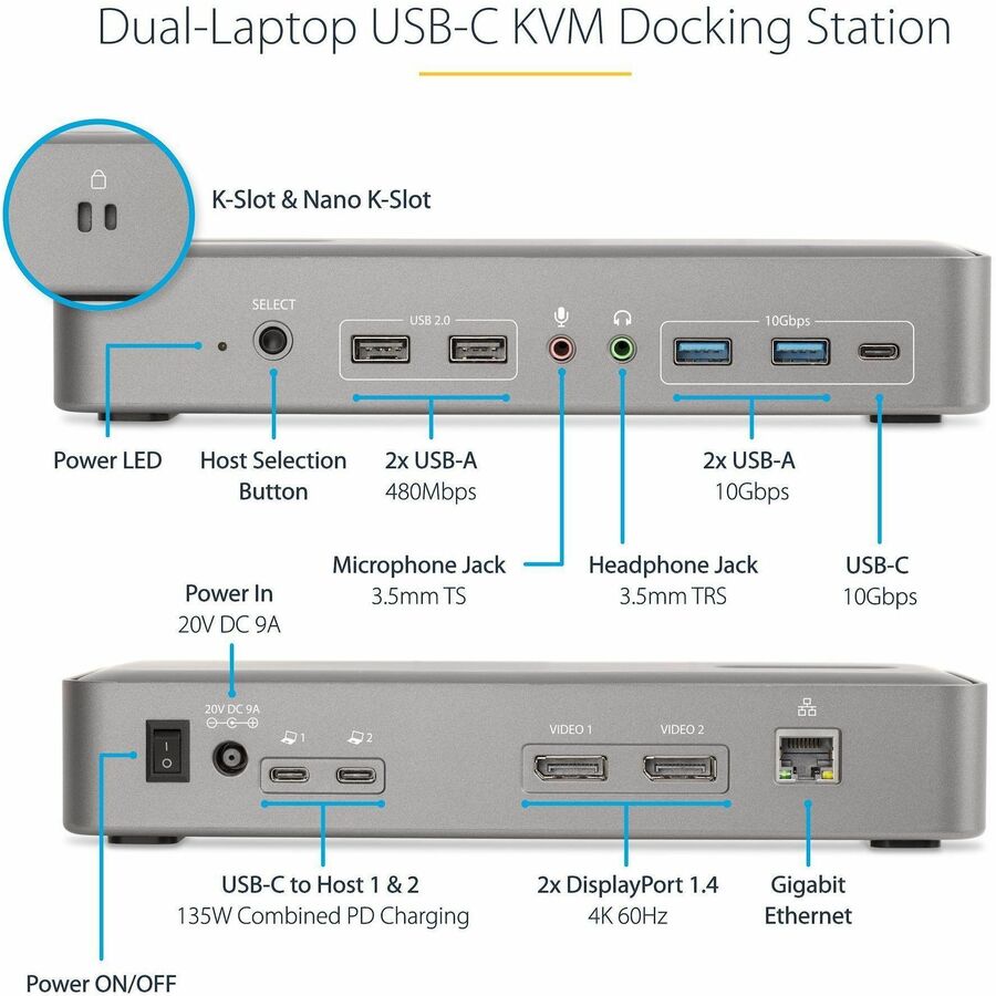 StarTech.com Dual-Laptop USB-C KVM Docking Station, Dual Monitor 4K 60Hz DisplayPort KVM Dock, 5x USB Hub, GbE, 90W/45W PD, Windows/Mac 129N-USBC-KVM-DOCK