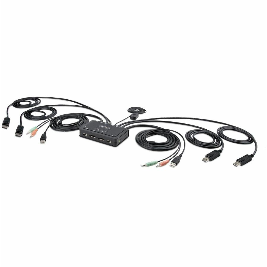 StarTech.com 2-Port Dual-Monitor DisplayPort Cable KVM Switch, 4K 60Hz, Compact KVM with 5ft/1.5m Integrated Host Cables, Bus Powered C2-DD46-UA2-CBL-KVM