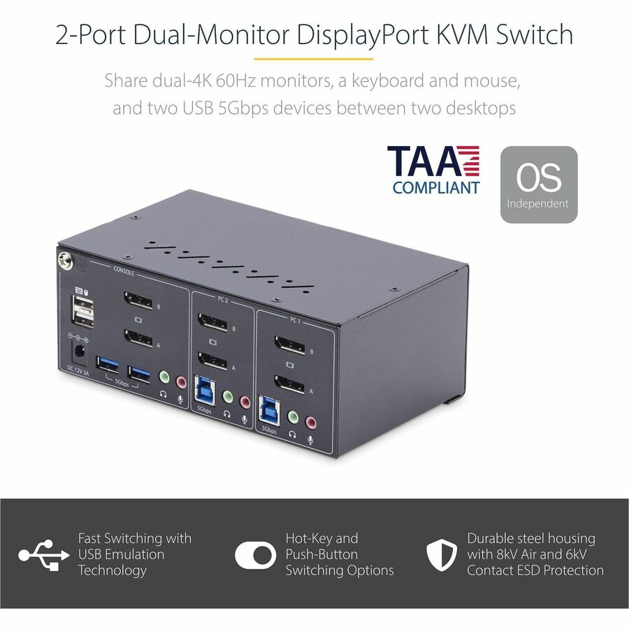 StarTech.com 2-Port Dual-Monitor DisplayPort KVM Switch, 4K 60Hz, 2x USB 5Gbps Ports, Hotkey/Push-Button Switching, TAA Compliant P2DD46A2-KVM-SWITCH