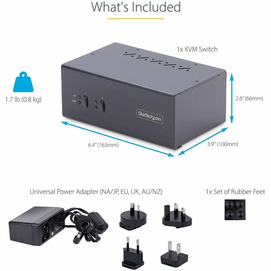 StarTech.com 2-Port Dual-Monitor DisplayPort KVM Switch, 4K 60Hz, 2x USB 5Gbps Ports, Hotkey/Push-Button Switching, TAA Compliant P2DD46A2-KVM-SWITCH