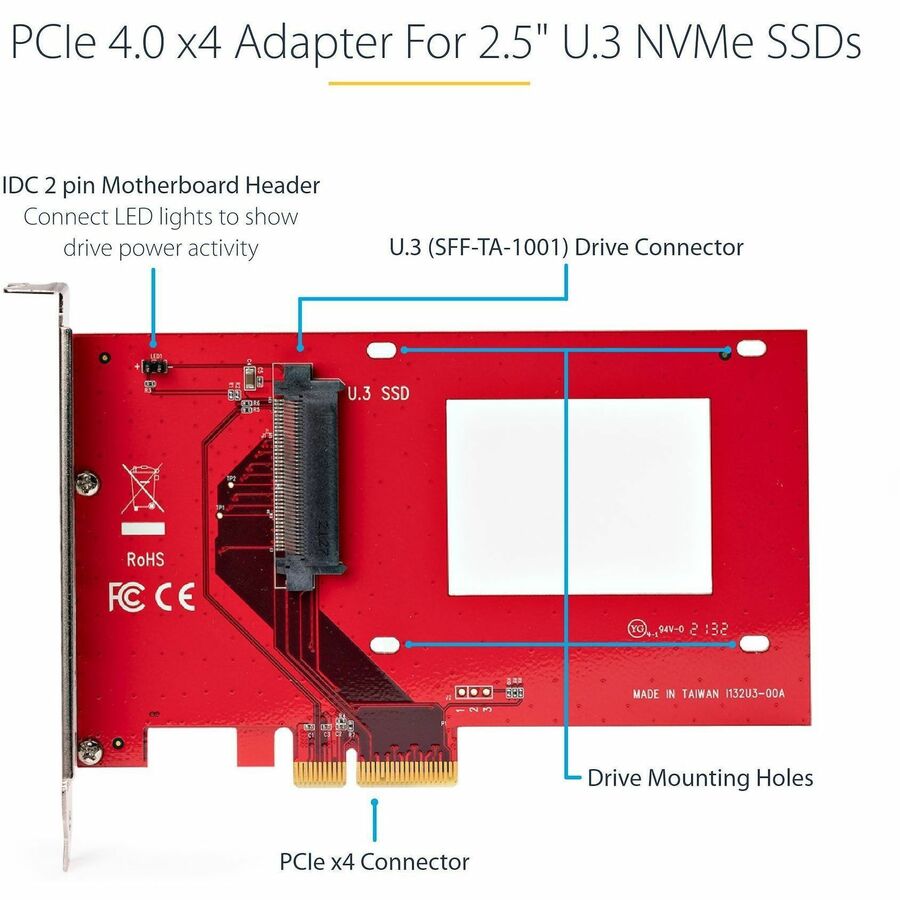 StarTech.com U.3 to PCIe Adapter Card, PCIe 4.0 x4 Adapter For 2.5" U.3 NVMe SSDs, SFF-TA-1001 PCI Express Add-in Card, TAA Compliant\n PEX4SFF8639U3