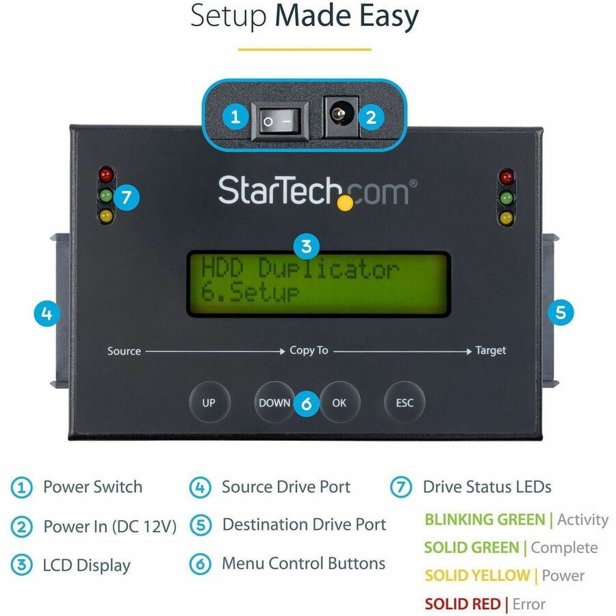 StarTech.com 1:1 Standalone Hard Drive Duplicator & Eraser, SATA HDD / SSD Disk Cloner / Copier / Wiper / Sanitizer, TAA Compliant SATDUP11