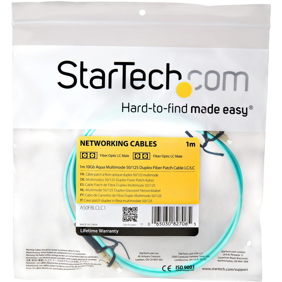 StarTech.com 1m Fiber Optic Cable - 10 Gb Aqua - Multimode Duplex 50/125 - LSZH - LC/LC - OM3 - LC to LC Fiber Patch Cable A50FBLCLC1
