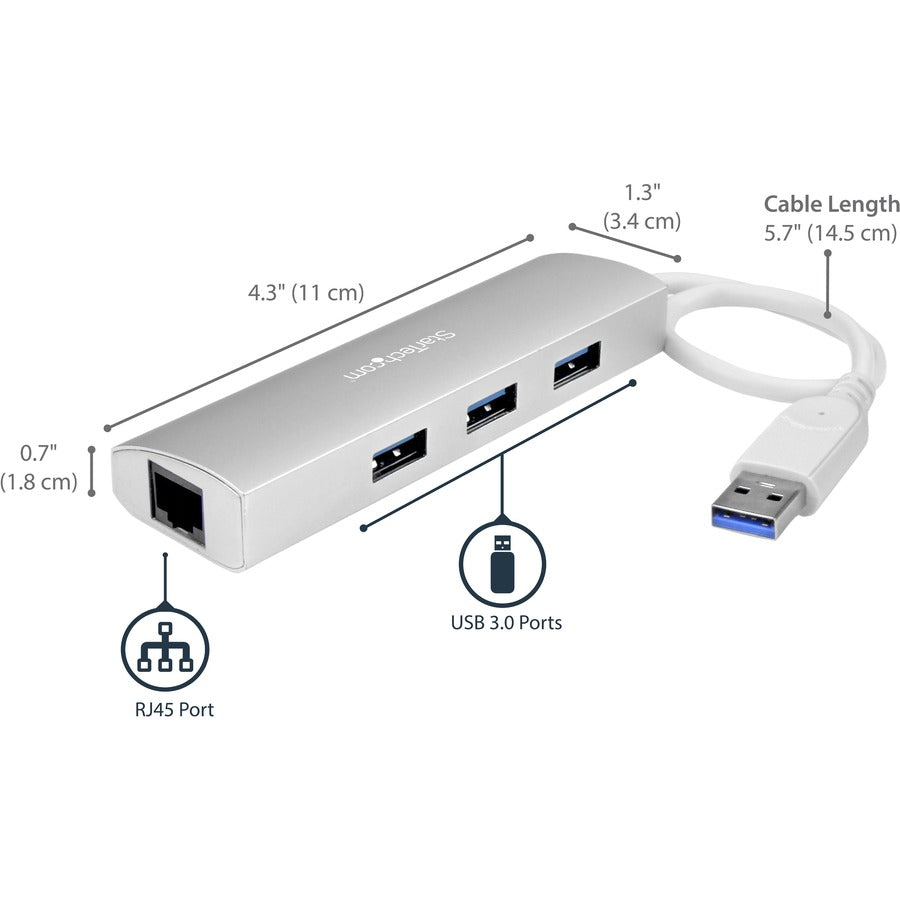 StarTech.com 3-Port USB Hub with Ethernet, USB-A Ports, Gigabit Ethernet/GbE, USB 5Gbps, Bus-Powered, Portable Laptop USB 3.0 Hub ST3300G3UA