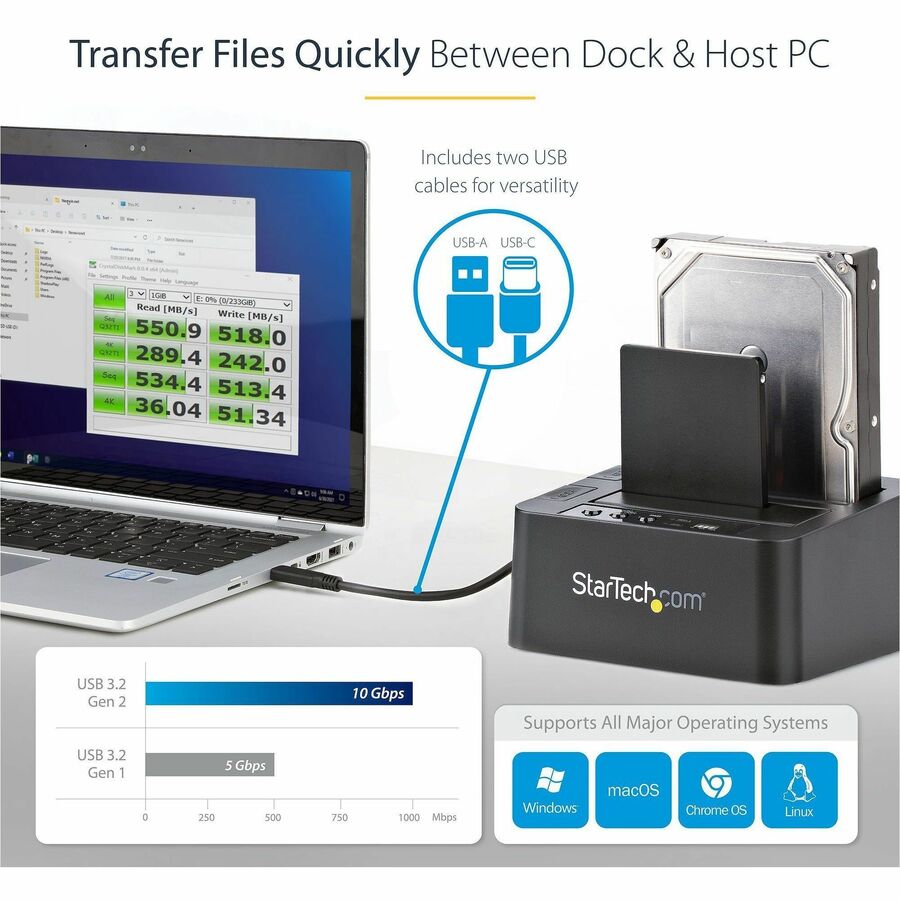 StarTech.com Standalone Hard Drive Duplicator, External Dual Bay HDD/SSD Cloner/Copier, USB 3.1 to SATA Drive Docking Station, Disk Cloner SDOCK2U313R