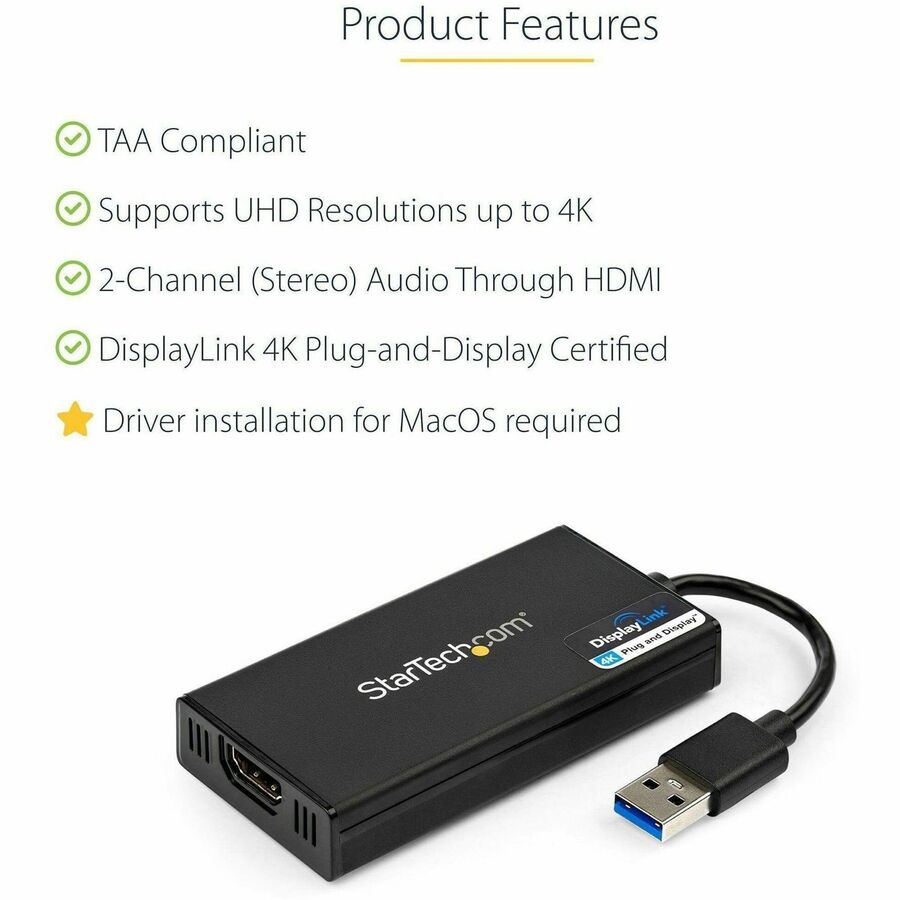 StarTech.com USB 3.0 to HDMI Adapter, 4K 30Hz, DisplayLink Certified, USB Type-A to HDMI Display Adapter Converter, External Graphics Card USB32HD4K