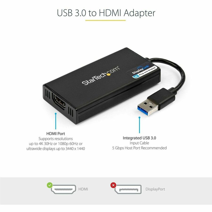 StarTech.com USB 3.0 to HDMI Adapter, 4K 30Hz, DisplayLink Certified, USB Type-A to HDMI Display Adapter Converter, External Graphics Card USB32HD4K