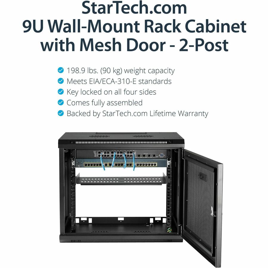 StarTech.com 2-Post 9U Wall Mount Network Cabinet, 19" Wall-Mounted Server Rack for Data / IT Equipment, Small Lockable Rack Enclosure RK9WALM