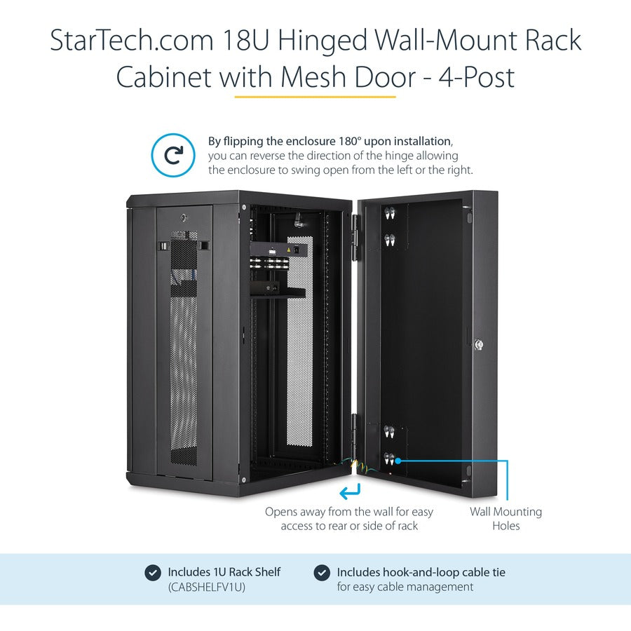 StarTech.com 4-Post 18U Wall Mount Network Cabinet, 19" Hinged Wall-Mounted Server Rack for Data / IT Equipment, Lockable Rack Enclosure RK1820WALHM