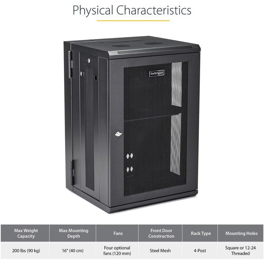 StarTech.com 4-Post 18U Wall Mount Network Cabinet, 19" Hinged Wall-Mounted Server Rack for Data / IT Equipment, Lockable Rack Enclosure RK1820WALHM