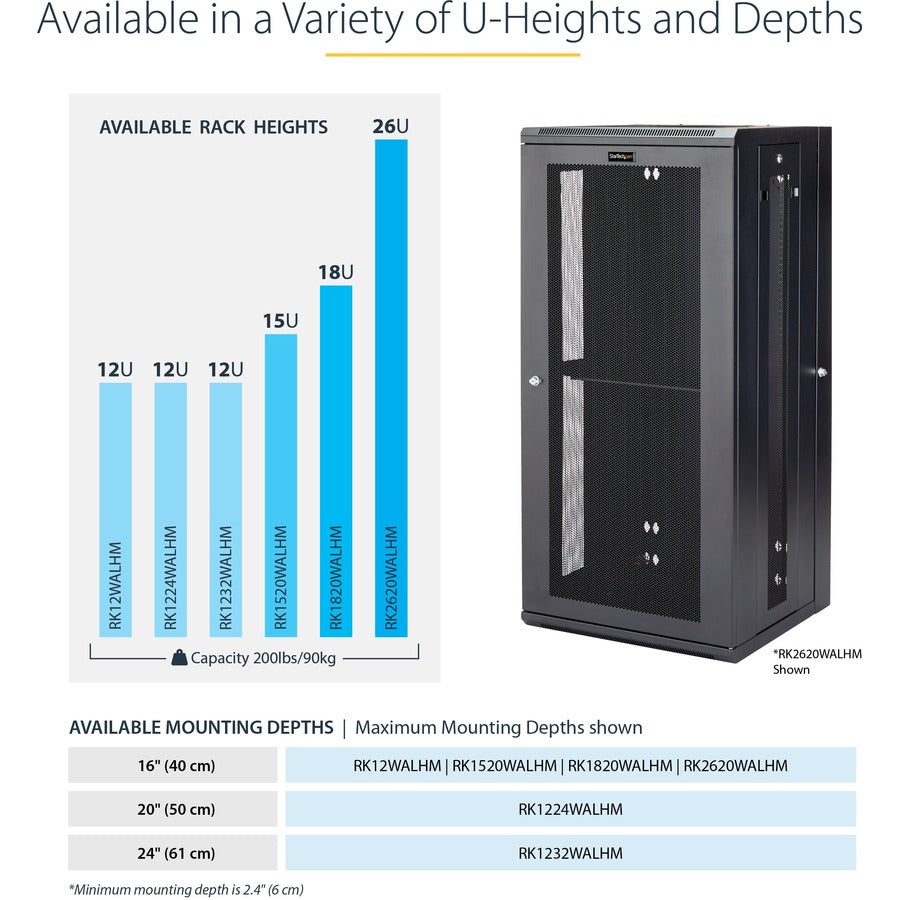 StarTech.com 4-Post 18U Wall Mount Network Cabinet, 19" Hinged Wall-Mounted Server Rack for Data / IT Equipment, Lockable Rack Enclosure RK1820WALHM