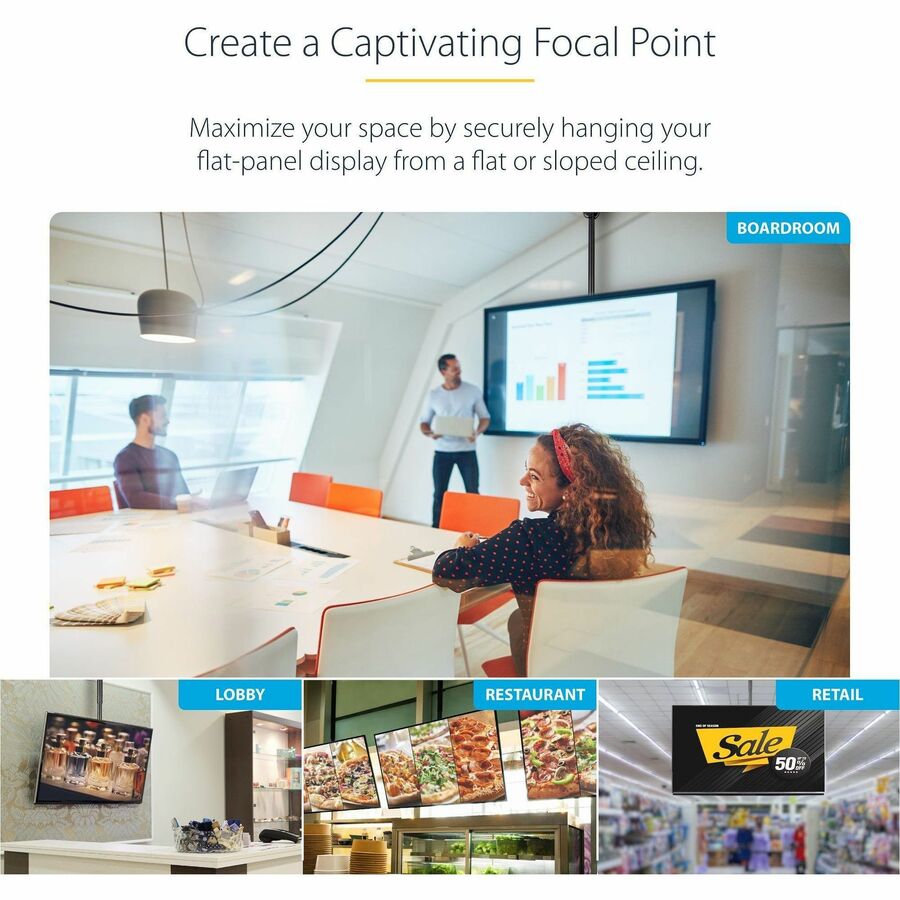 StarTech.com TV Ceiling Mount, Full-Motion Hanging Single Screen Vesa Mount for 32"-75" TVs / Displays - Height Adjustable Telescopic Pole FPCEILPTBSP