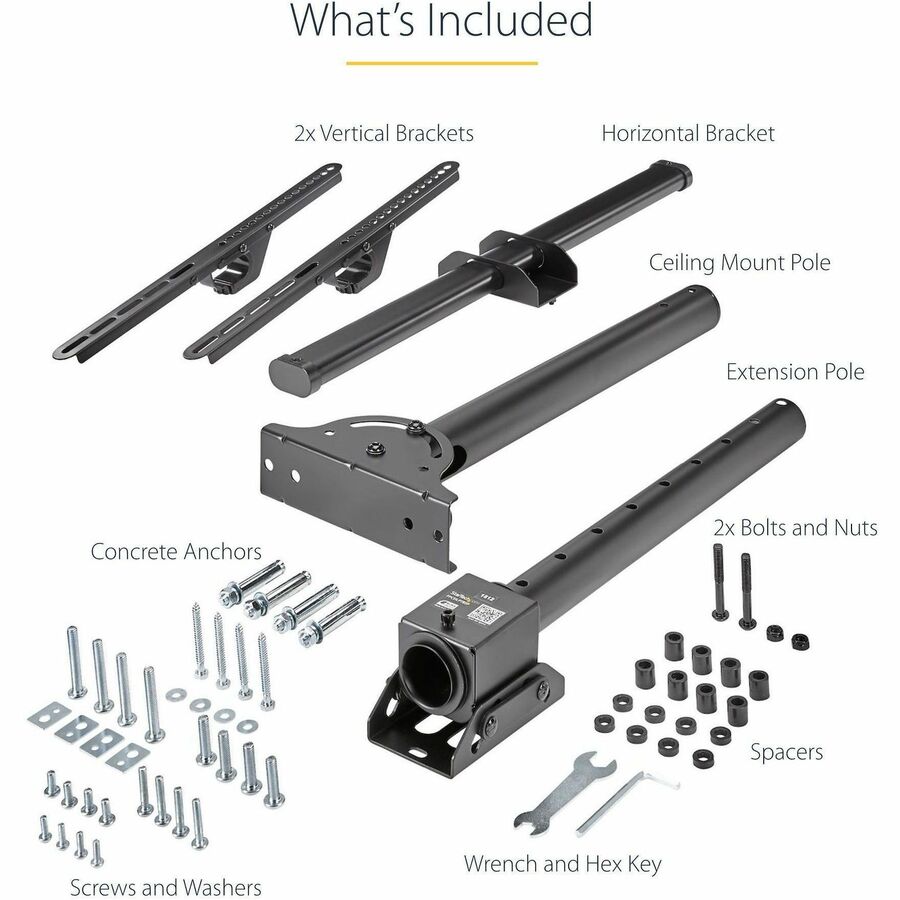 StarTech.com TV Ceiling Mount, Full-Motion Hanging Single Screen Vesa Mount for 32"-75" TVs / Displays - Height Adjustable Telescopic Pole FPCEILPTBSP