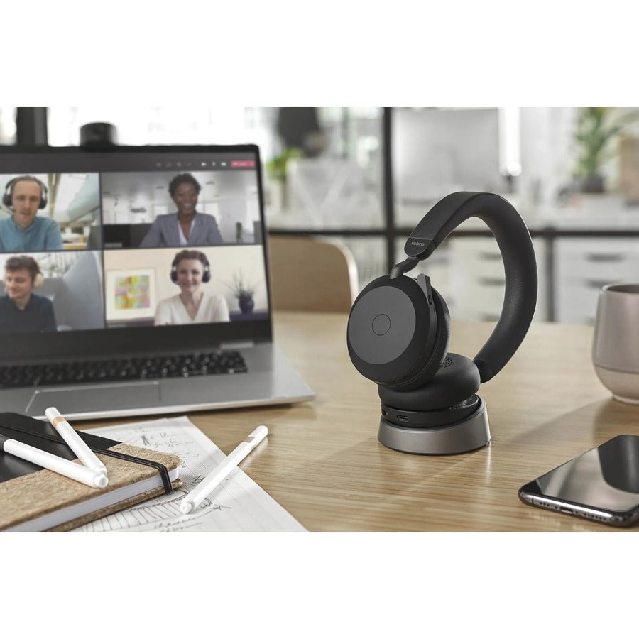 Jabra Evolve2 75 Wireless On-ear Stereo Headset - USB-A - For MS Teams - With Charging Stand - Black - Binaural - Ear-cup - 3000 cm - Bluetooth - 20 Hz to 20 kHz - MEMS Technology Microphone - Noise Cancelling 27599-999-989