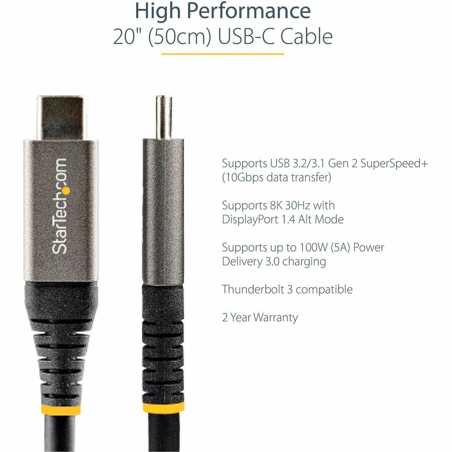 StarTech.com 20" 50cm USB C Cable 10Gbps, USB 3.1 Type-C Cable, 5A/100W, DP Alt Mode, USB-C Cord for USB-C Laptop/Phone/Device USB31CCV50CM