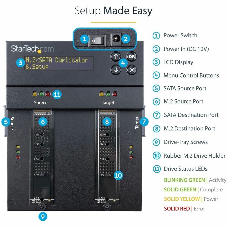 StarTech.com Standalone Dual Bay M.2 SATA/NVMe Duplicator/Eraser, HDD/SSD Cloner/Wiper, M.2 PCIe/AHCI, Hard Drive Sanitizer/Copier, TAA SM2DUPE11