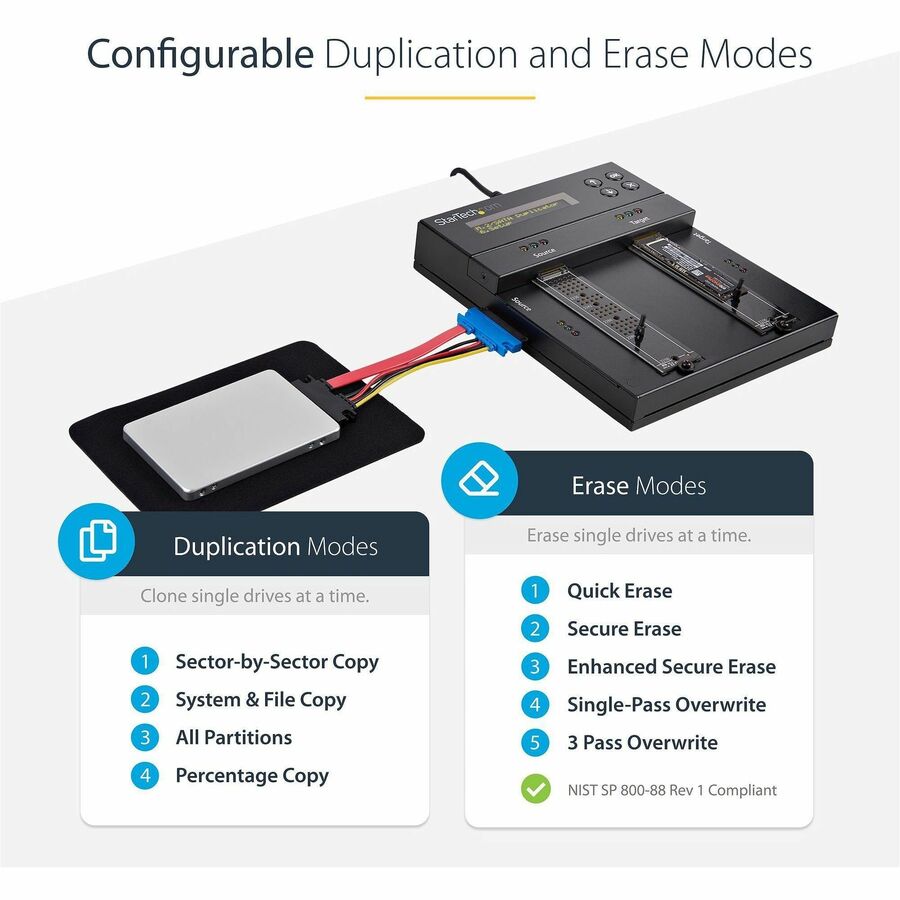 StarTech.com Standalone Dual Bay M.2 SATA/NVMe Duplicator/Eraser, HDD/SSD Cloner/Wiper, M.2 PCIe/AHCI, Hard Drive Sanitizer/Copier, TAA SM2DUPE11