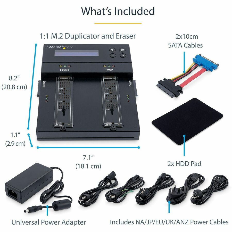 StarTech.com Standalone Dual Bay M.2 SATA/NVMe Duplicator/Eraser, HDD/SSD Cloner/Wiper, M.2 PCIe/AHCI, Hard Drive Sanitizer/Copier, TAA SM2DUPE11