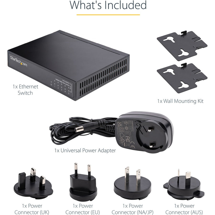 StarTech.com Unmanaged 2.5G Switch, 5 Port 2.5GBASE-T Unmanaged Ethernet Switch, Din Rail | Wall Mount, Multi-Gigabit, Auto-MDIX, 9K Jumbo DS52000