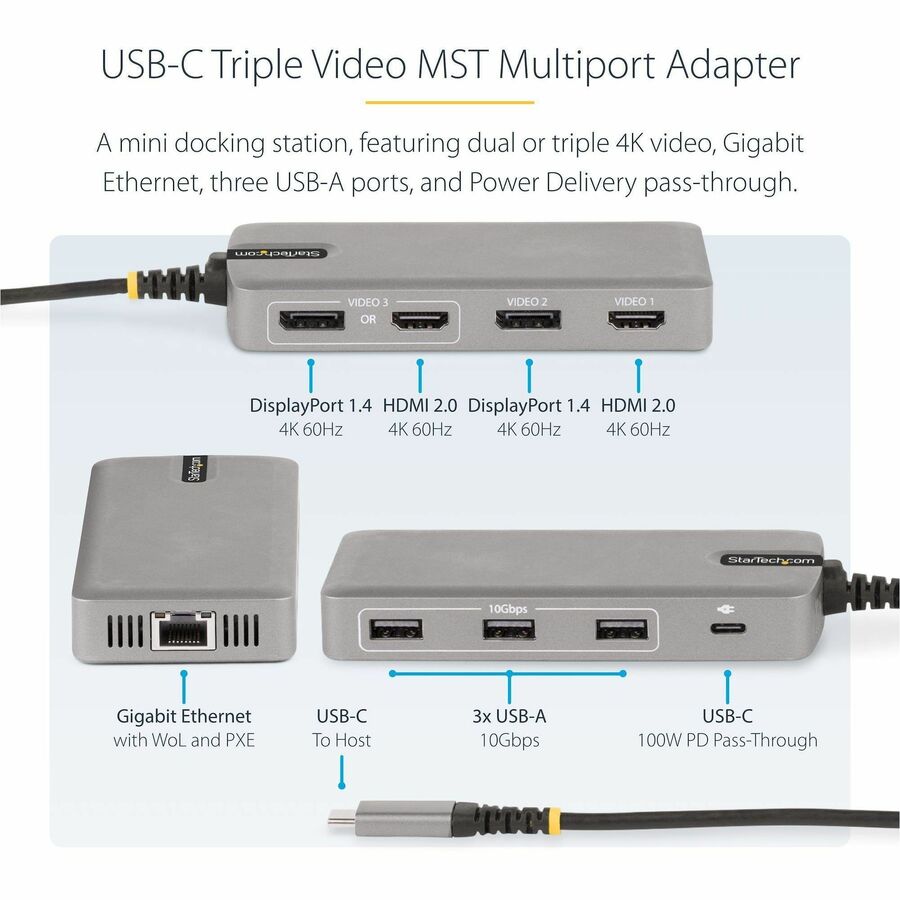 StarTech.com USB-C Triple-Monitor Multiport Adapter, HDMI & DisplayPort, 3x 10Gbps USB Hub, PD Pass-Through, GbE, Travel Docking Station 117B-USBC-MULTIPORT