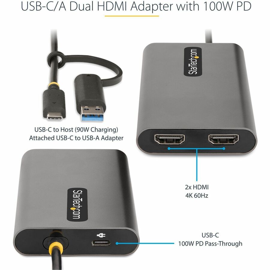 StarTech.com USB-C to Dual-HDMI Adapter, USB-C/A to 2x HDMI, 4K 60Hz, 100W PD Pass-Through, 1ft/30cm Built-in Cable, USB to HDMI Converter 109B-USBC-HDMI
