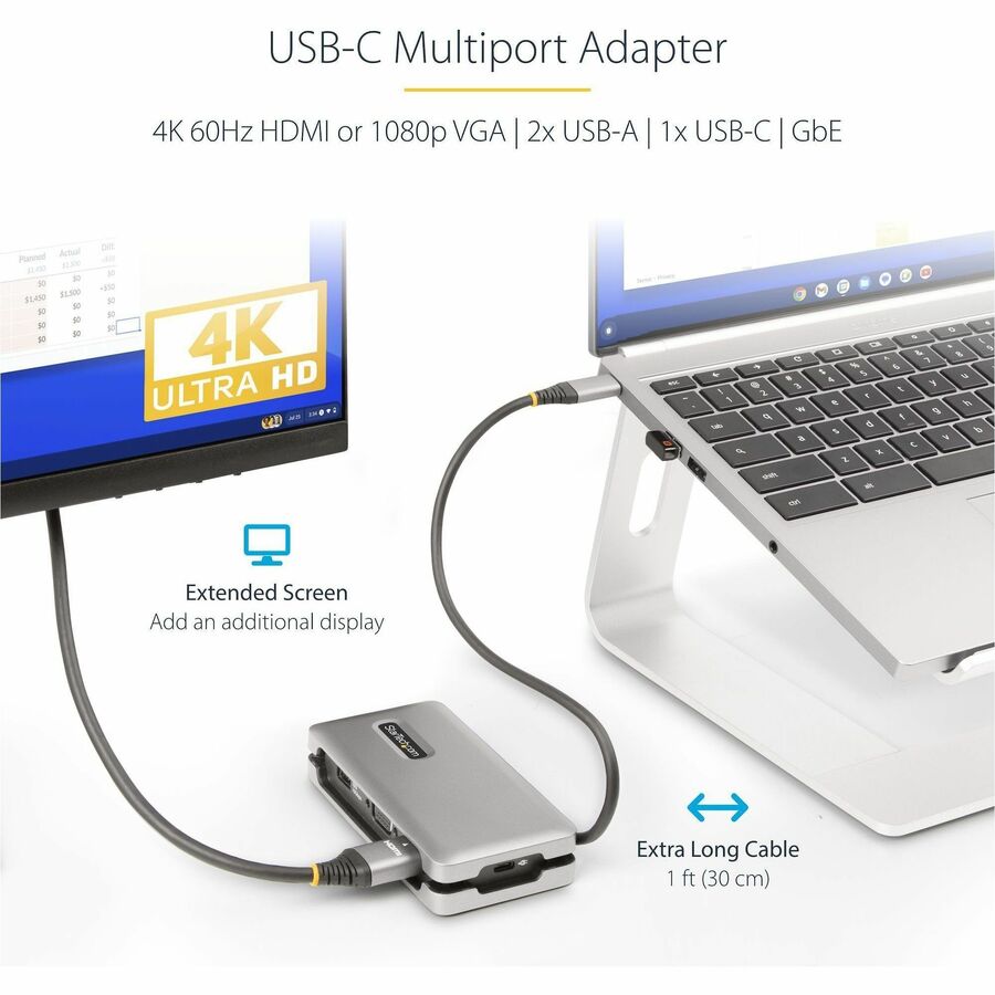 StarTech.com USB-C Multiport Adapter, HDMI/VGA, 4K 60Hz, 3-Port USB Hub, 100W PD Pass-Through, GbE, Mini Docking Station, 1ft/30cm Cable DKT31CVHPD3