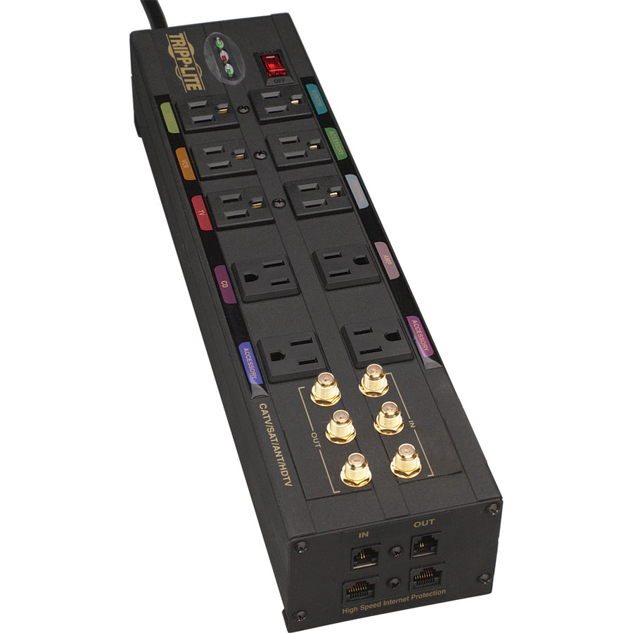 Tripp Lite by Eaton Isobar 10-Outlet Home/Business Theater Surge Protector, 8 ft. Cord with Right-Angle Plug, 3840 Joules, LEDs, Metal Housing HT10DBS