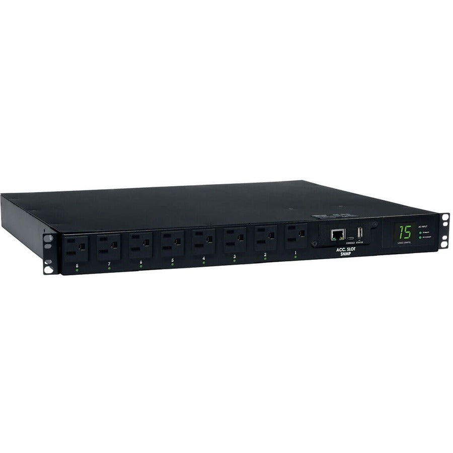 Tripp Lite by Eaton 1.4kW Single-Phase Switched Automatic Transfer Switch PDU, 2 120V 5-15P 15A Inputs, 8 5-15R Outputs, 1U, TAA PDUMH15ATNET
