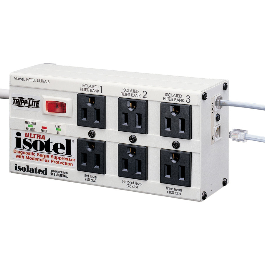 Tripp Lite by Eaton Isobar 6-Outlet Surge Protector, 6 ft. Cord with Right-Angle Plug, 3300 Joules, Diagnostic LEDs, Tel/Fax/Modem, Metal ISOTEL6ULTRA