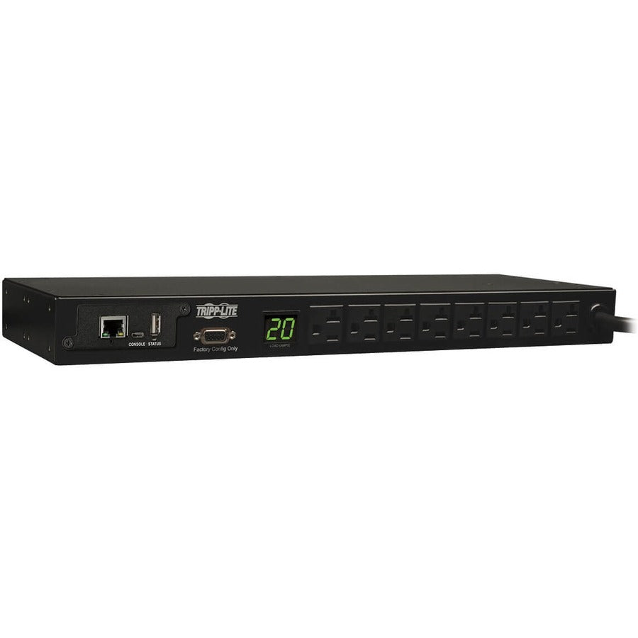 Tripp Lite by Eaton 1.9kW Single-Phase Monitored PDU, 120V Outlets (8 5-15/20R), L5-20P/5-20P Adapter, 12 ft. (3.66 m) Cord, 1U Rack-Mount, LX Platform Interface, TAA PDUMNH20