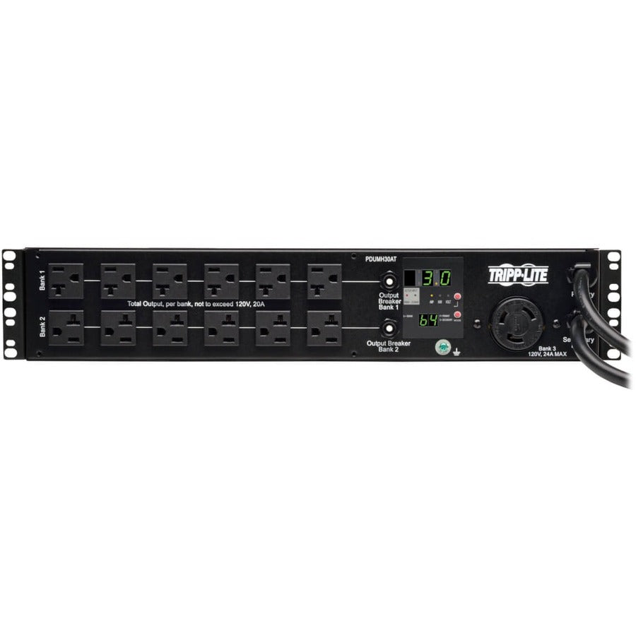 Tripp Lite by Eaton 2.9kW Single-Phase Local Metered Automatic Transfer Switch PDU, 2 120V L5-30P Inputs, 24 5-15/20R & 1 L5-30R Outputs, 2U, TAA PDUMH30AT