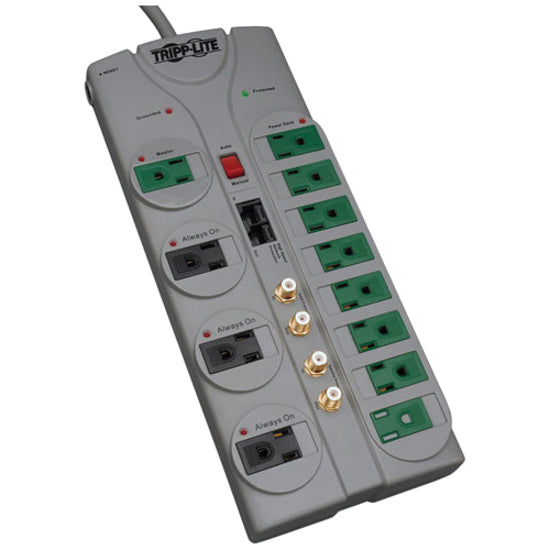 Tripp Lite by Eaton Eco-Surge 12-Outlet Home/Business Theater Surge Protector, 10 ft. (3.05 m) Cord, 3600 Joules - Accommodates 8 Transformers TLP1210SATG