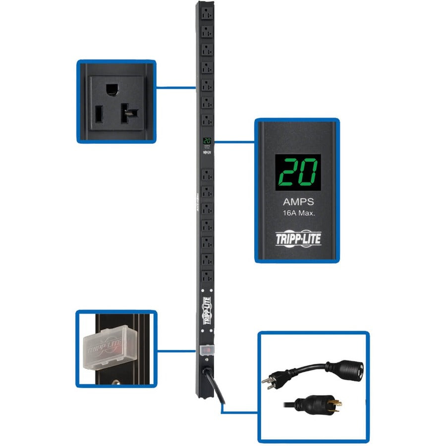 Tripp Lite by Eaton 2kW Single-Phase Local Metered PDU, 100-127V Outlets (14 5-15/20R), L5-20P/5-20P adapter, 0U Vertical, 36 in. Height PDUMV20-36