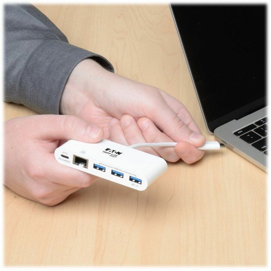 Tripp Lite by Eaton 3-Port USB 3.2 Gen 1 Hub with LAN Port and Power Delivery USB-C to 3x USB-A Ports and Gigabit Ethernet White U460-003-3AG-C