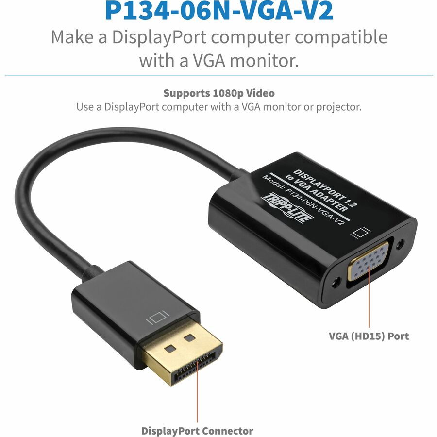 Tripp Lite by Eaton DisplayPort to VGA Active Adapter Video Converter , DP ver 1.2 (M/F), 6-in. (15.24 cm) P134-06N-VGA-V2